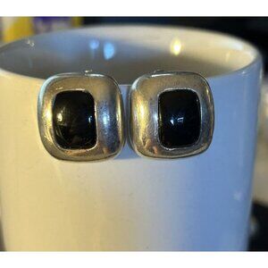 VINTAGE Chunky Square Dome STERLING & BLACK ONYX CLIP-ON EARRINGS 16 grams